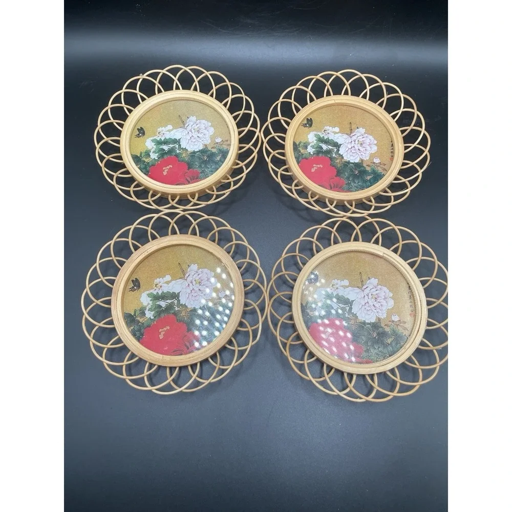 Vintage 80s Wicker Wooden Coasters With Floral And Butterfly Pattern Set Of Four